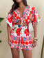2PCS Rot 1970er Boho Blumen Brustkrawatte Top & Shorts