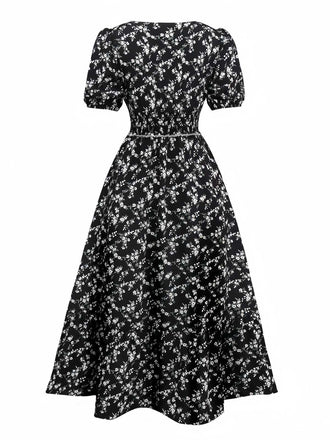 Schwarz 1940er V-Ausschnitt Puffärmel Kleine Blumen Kleid