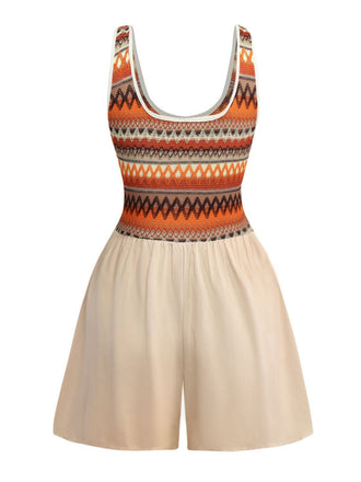 Aprikose 1970er Boho Quadratischer Hals Patchwork Romper