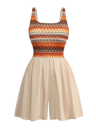 Aprikose 1970er Boho Quadratischer Hals Patchwork Romper