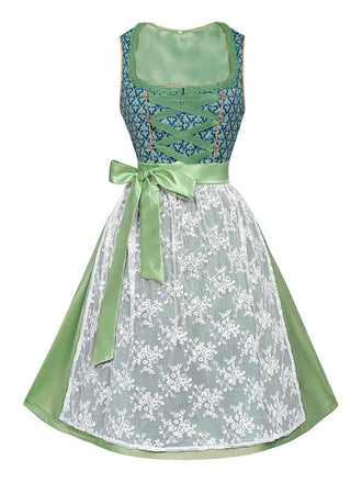 2PCS Grün 1950er Oktoberfest Dirndl Blumen Kleid & Stickerei Schürze