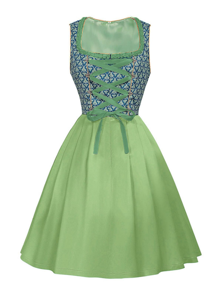 2PCS Grün 1950er Oktoberfest Dirndl Blumen Kleid & Stickerei Schürze
