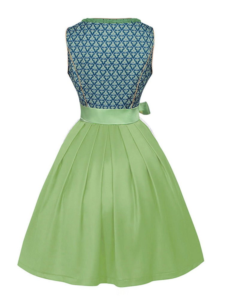 2PCS Grün 1950er Oktoberfest Dirndl Blumen Kleid & Stickerei Schürze