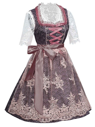 3PCS Rosa 1950er Oktoberfest Dirndl Spitze Top & Stickerei Schleife Kleid