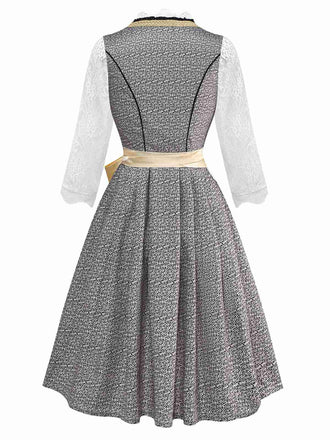 3PCS Gold 1950er Oktoberfest Dirndl Spitze Top & Blumen Kleid