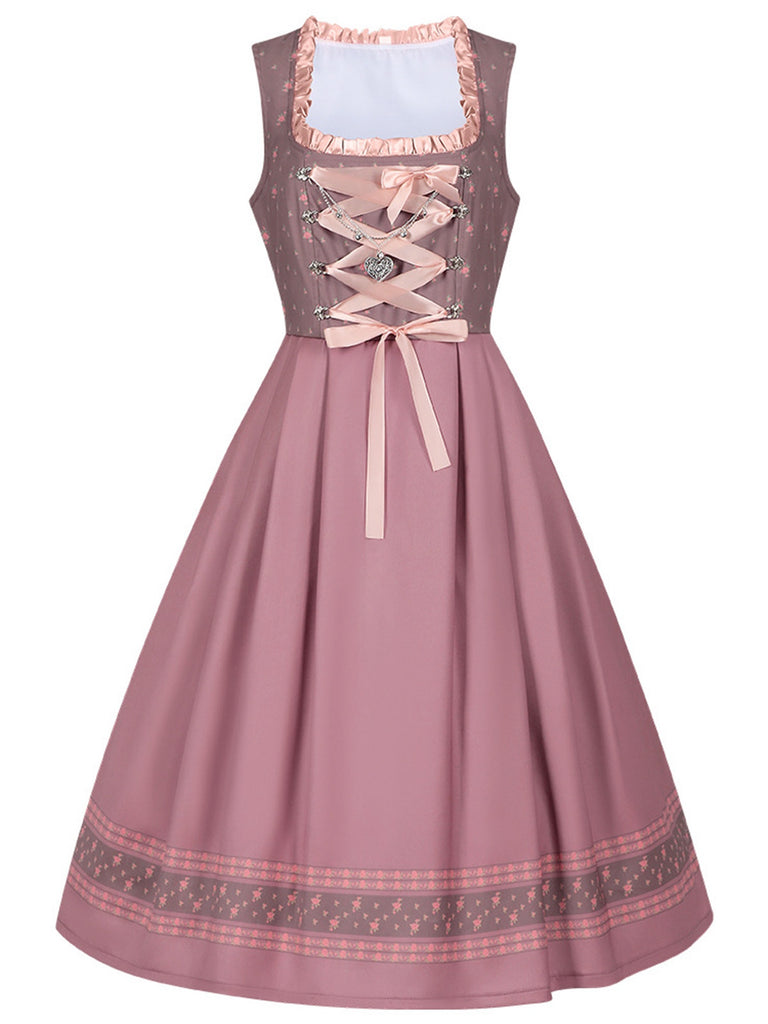 2PCS Nebelrose 1950er Oktoberfest Dirndl Blumen Satin Kleid & Schürze