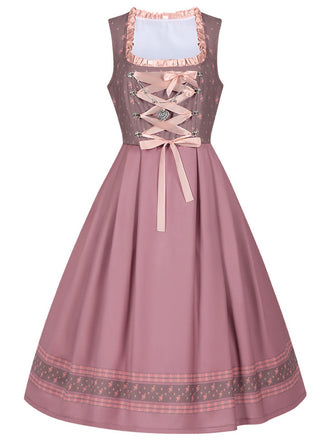 2PCS Nebelrose 1950er Oktoberfest Dirndl Blumen Satin Kleid & Schürze