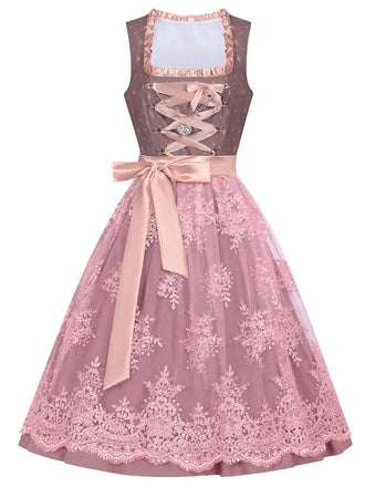 2PCS Nebelrose 1950er Oktoberfest Dirndl Blumen Satin Kleid & Schürze
