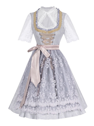 3PCS Hellgrau 1950er Oktoberfest Dirndl Blumen Spitze Top & Schnürung Kleid