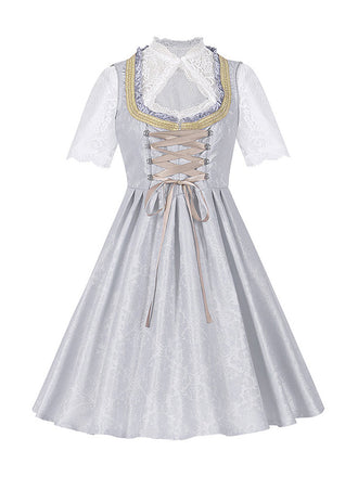 3PCS Hellgrau 1950er Oktoberfest Dirndl Blumen Spitze Top & Schnürung Kleid