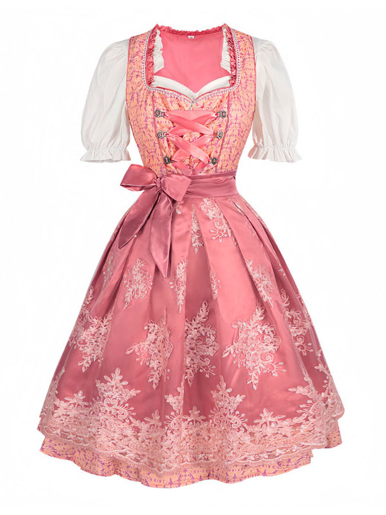 3PCS Rosa 1950er Oktoberfest Herzförmiger Hals Blumen Kleid & Schürze