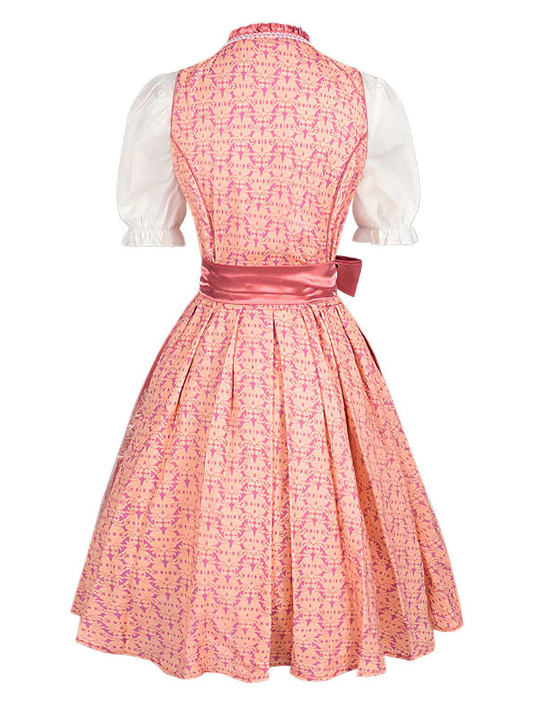 3PCS Rosa 1950er Oktoberfest Herzförmiger Hals Blumen Kleid & Schürze