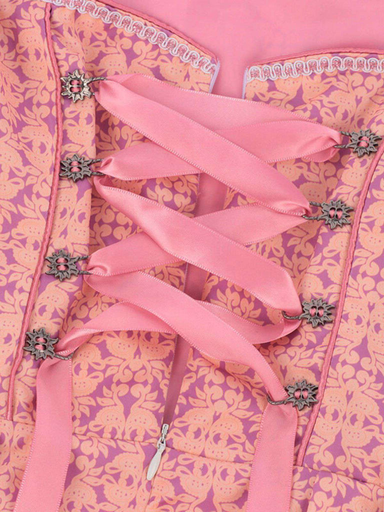 3PCS Rosa 1950er Oktoberfest Herzförmiger Hals Blumen Kleid & Schürze
