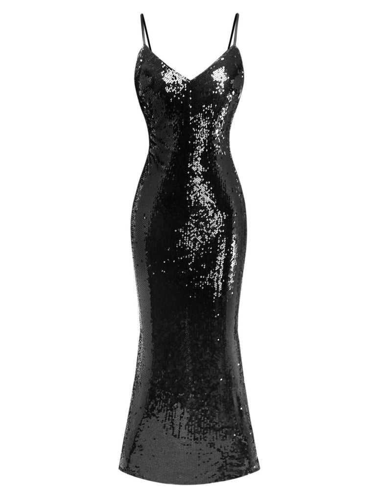 Schwarz 1930er Spaghetti Träger Zurückbinden Pailletten Kleid