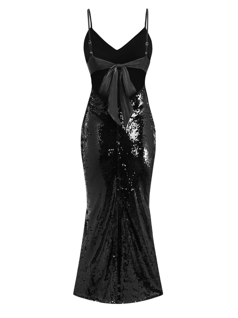 Schwarz 1930er Spaghetti Träger Zurückbinden Pailletten Kleid