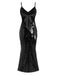 Schwarz 1930er Spaghetti Träger Zurückbinden Pailletten Kleid