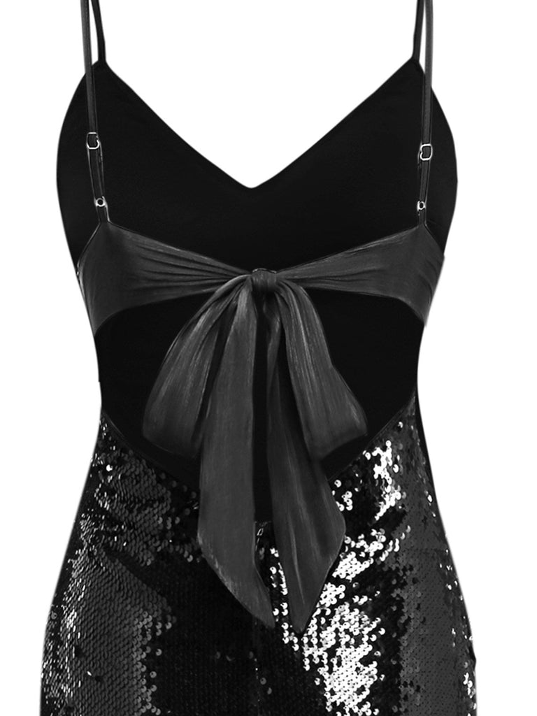 Schwarz 1930er Spaghetti Träger Zurückbinden Pailletten Kleid