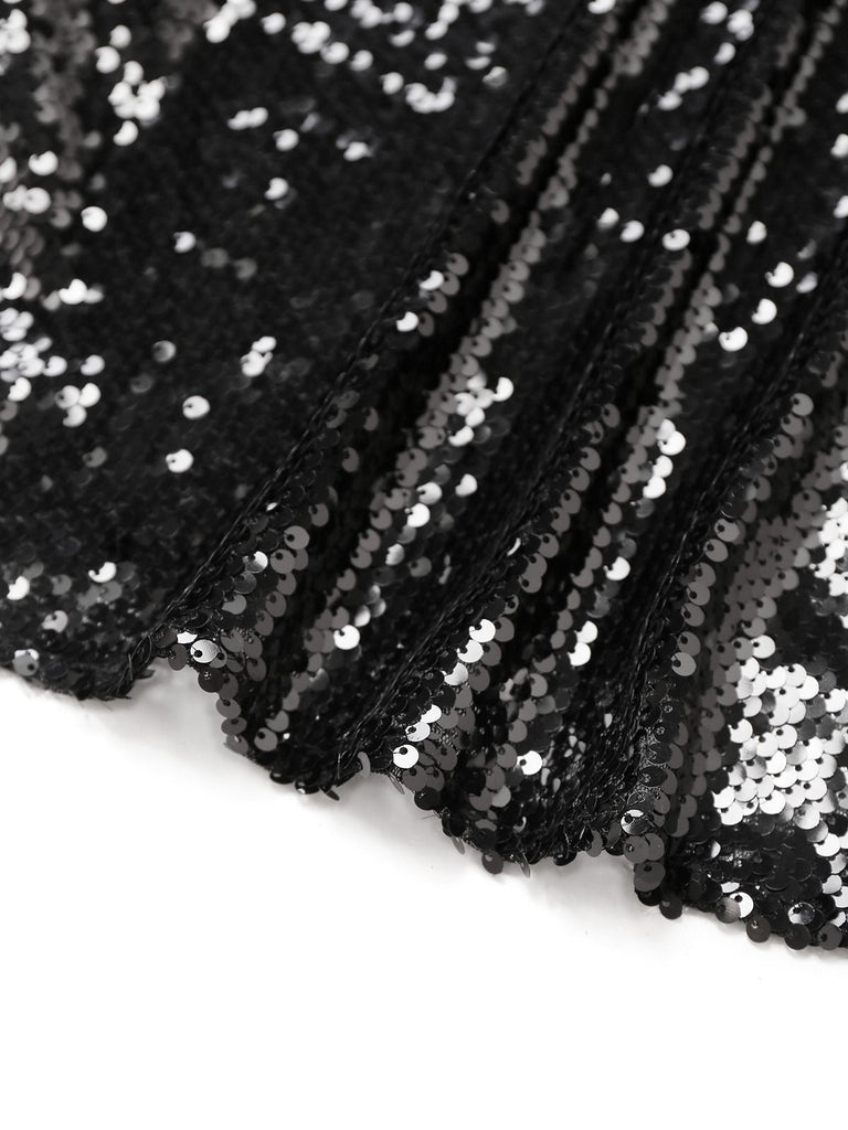 Schwarz 1930er Spaghetti Träger Zurückbinden Pailletten Kleid
