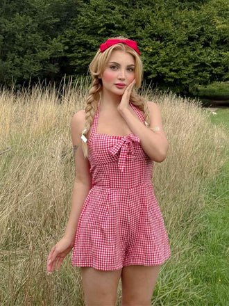 1950er Halter Gingham Plaids Bogen Romper