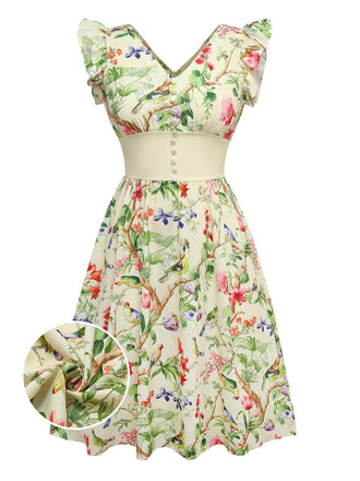 Gelb 1950er Blumen Vögel Rüschen Flatterärmel Kleid