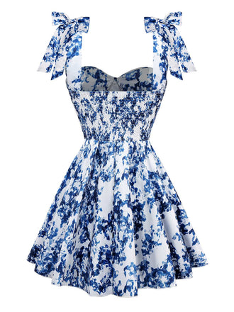 Blau 1960er Schulterkrawatte Blumen Skater Kleid
