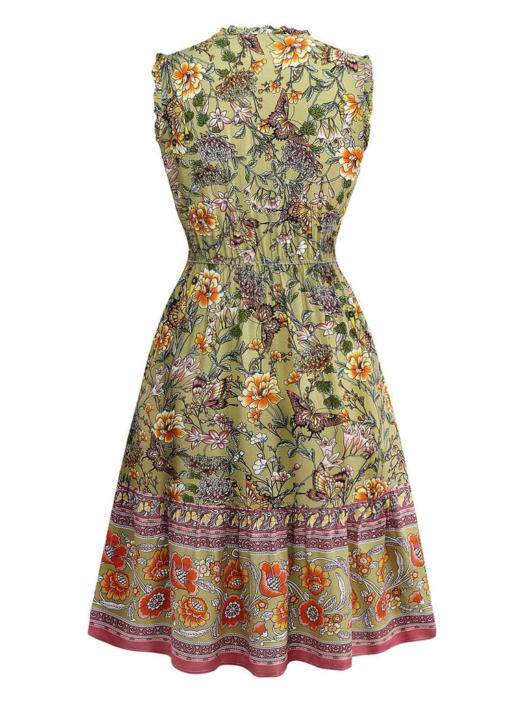 Grün 1970er Boho Style Schmetterling Blumen Kleid