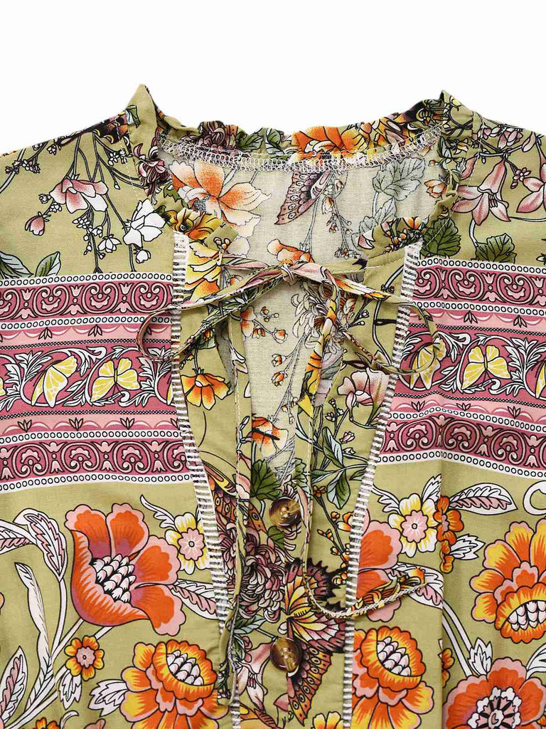 Grün 1970er Boho Style Schmetterling Blumen Kleid