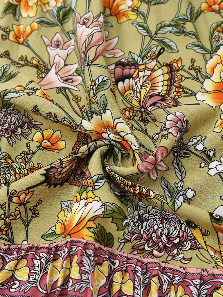 Grün 1970er Boho Style Schmetterling Blumen Kleid