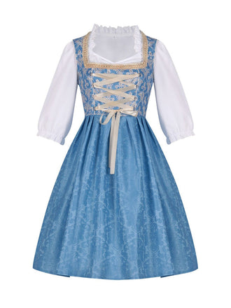 3PCS Blau 1950er Oktoberfest Dirndl Blumen Rüschen Top & Schnürung Kleid