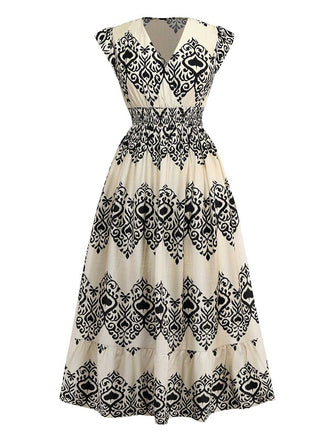 Aprikose 1970er V-Ausschnitt Pik Drucke Flügelärmel Kleid