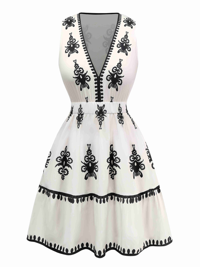 Weiß 1970er Tief V-Ausschnitt Boho Blumen Kleid