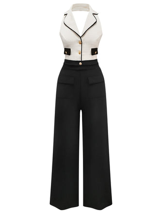 Schwarz & Weiß 1930er Kontrast Gekerbter Kragen Jumpsuit