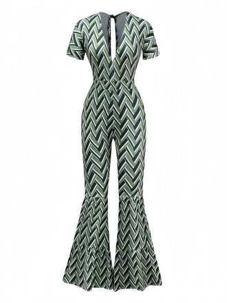 Grün 1970er Boho Tief V-Ausschnitt Ausgestelltes Bein Jumpsuit