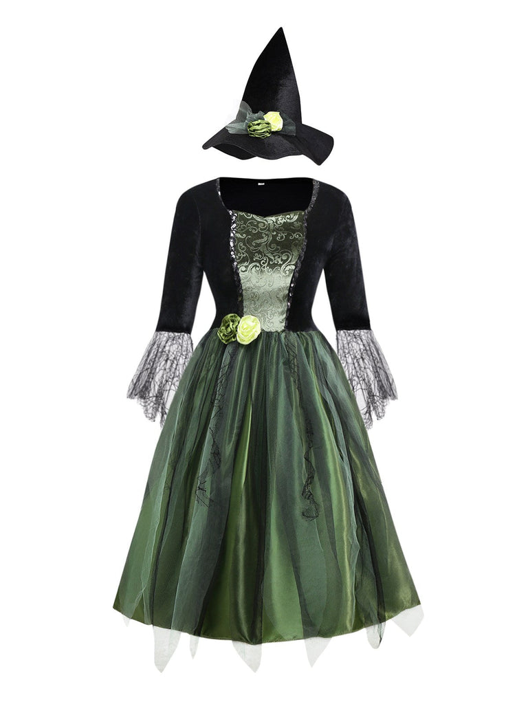 Grün 1950er Der Zauberer von Oz Wicked Witch 3D-Blumen Kleid