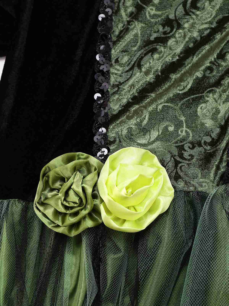 Grün 1950er Der Zauberer von Oz Wicked Witch 3D-Blumen Kleid