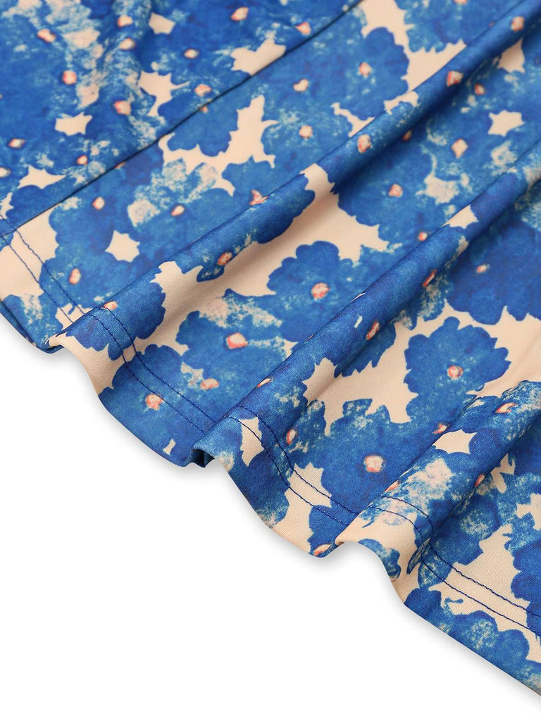 Blau 1940er Malerei Blumen Träger Kleid