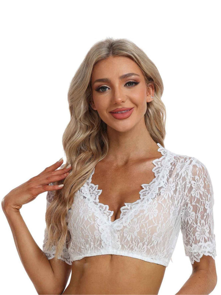 Weiß 1950er Oktoberfest Solide V-Ausschnitt Blumen Spitze Crop Top