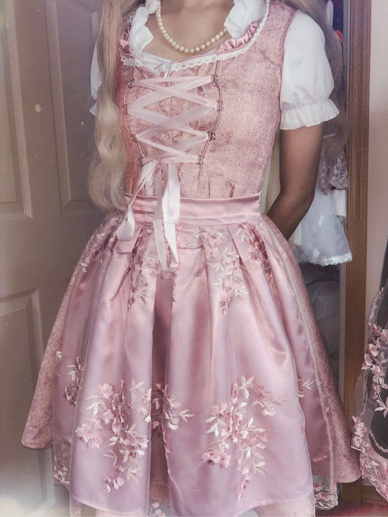 3PCS Rosa 1950er Oktoberfest Dirndl Puffärmel Top & Besticktes Schnürung Kleid