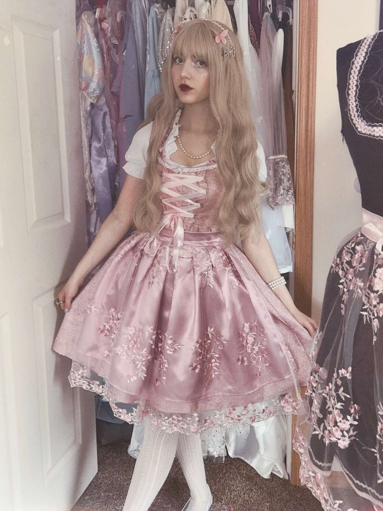 3PCS Rosa 1950er Oktoberfest Dirndl Puffärmel Top & Besticktes Schnürung Kleid