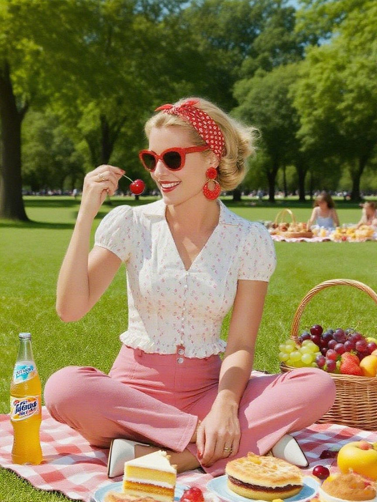 [Vorverkauf] 2PCS Rosa 1950er Tulip Bluse & Rose Tasten Hosen