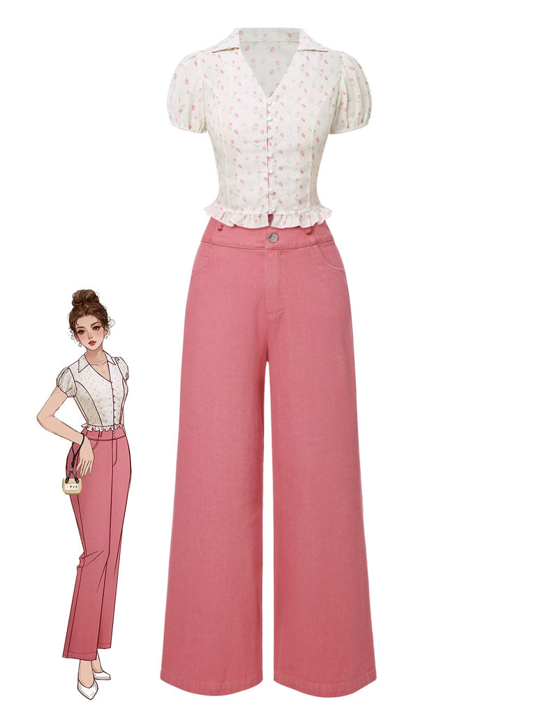 [Vorverkauf] 2PCS Rosa 1950er Tulip Bluse & Rose Tasten Hosen