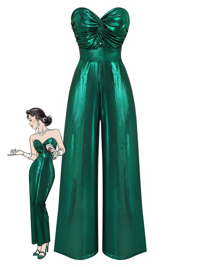 Grün 1970er Geknotetes Hollow Glänzend Jumpsuit