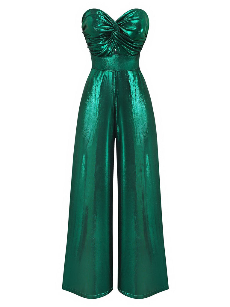 Grün 1970er Geknotetes Hollow Glänzend Jumpsuit