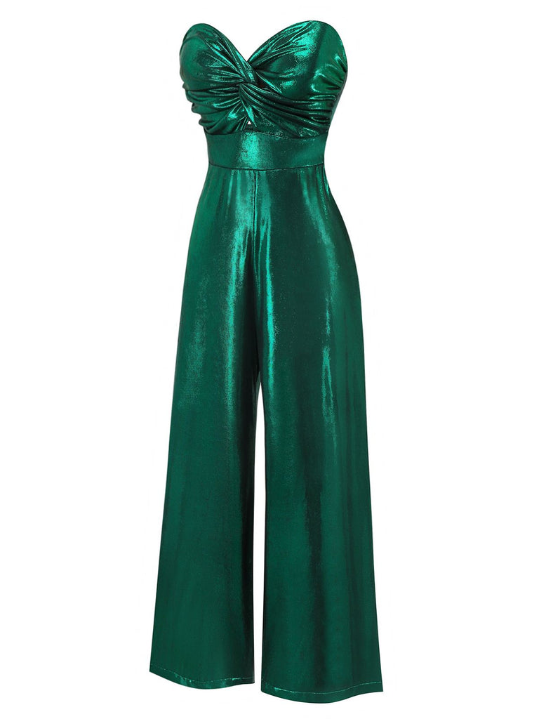 Grün 1970er Geknotetes Hollow Glänzend Jumpsuit