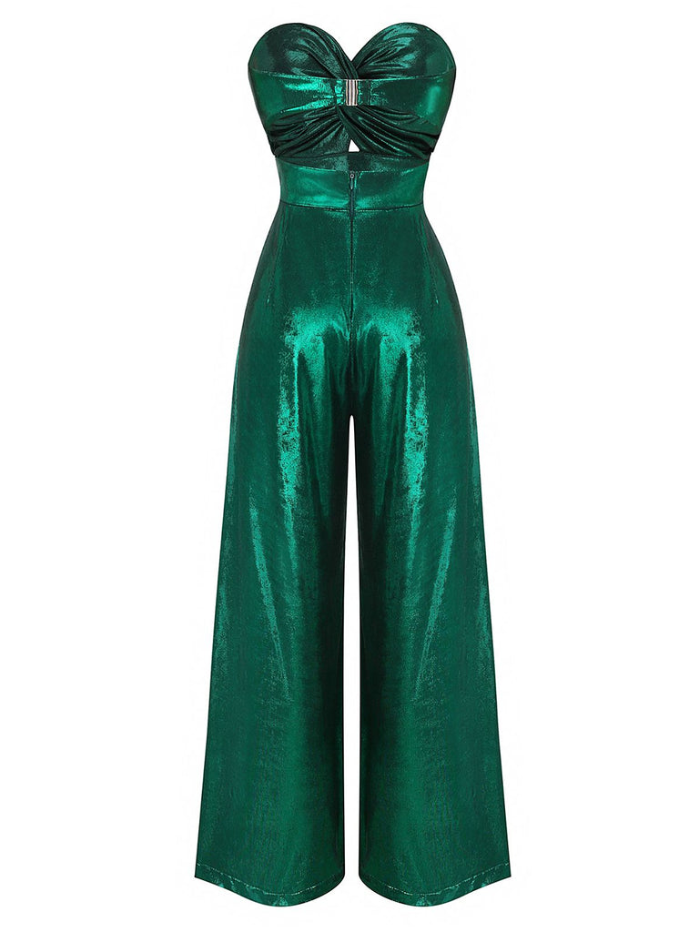 Grün 1970er Geknotetes Hollow Glänzend Jumpsuit