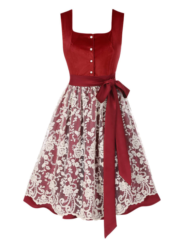 [Vorverkauf] 2PCS Rot 1950er Oktoberfest Dirndl Samt Kleid & Blumen Spitze Schürze
