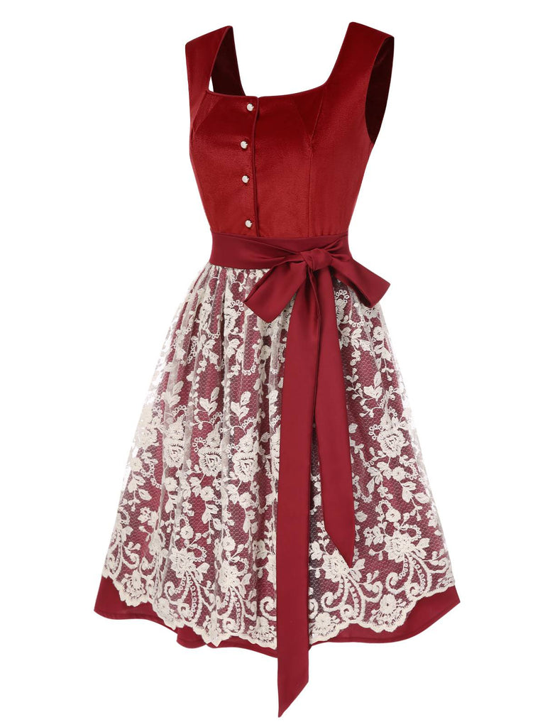 [Vorverkauf] 2PCS Rot 1950er Oktoberfest Dirndl Samt Kleid & Blumen Spitze Schürze