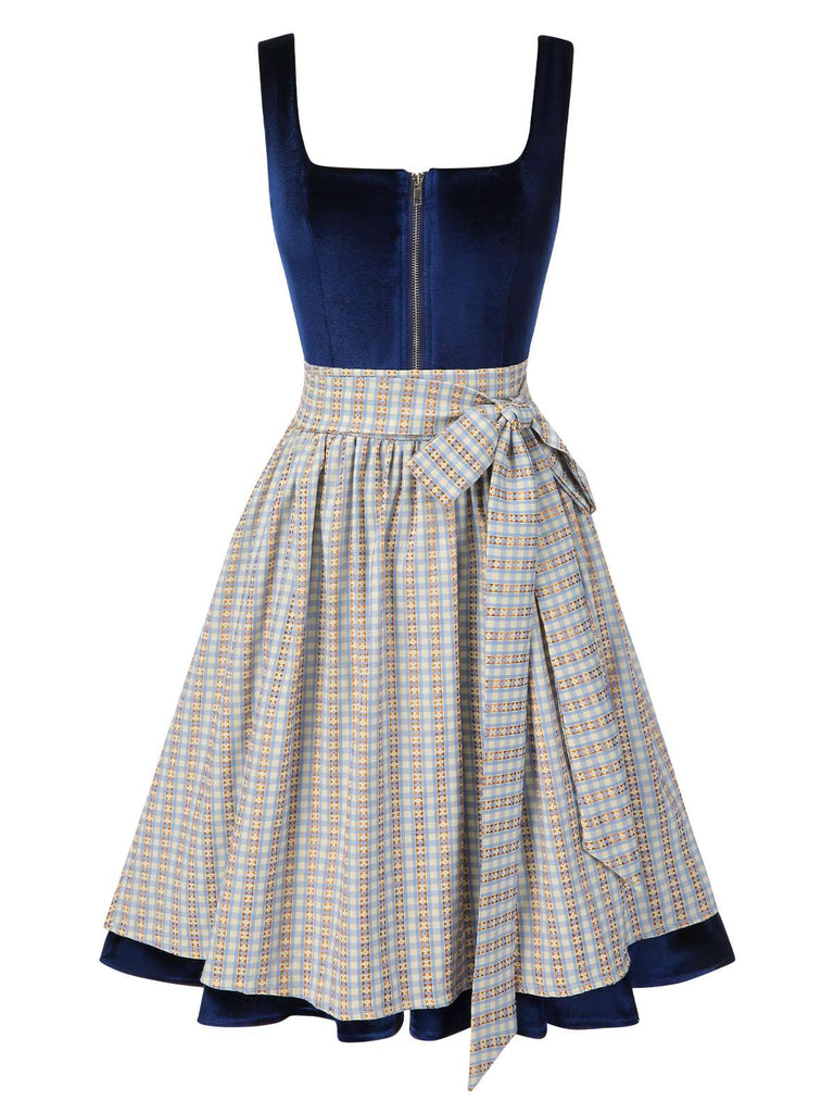 [Vorverkauf] 3PCS Blau 1950er Oktoberfest Dirndl Samt Kleid & Puffärmel Top