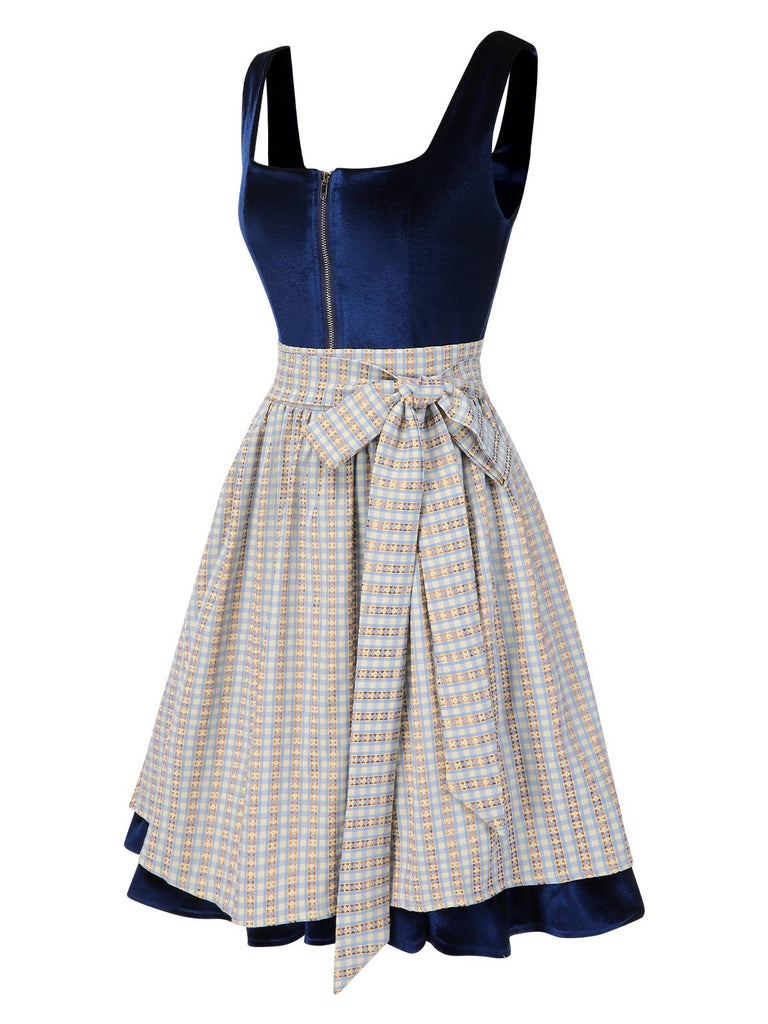 [Vorverkauf] 3PCS Blau 1950er Oktoberfest Dirndl Samt Kleid & Puffärmel Top