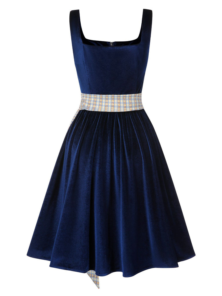 [Vorverkauf] 3PCS Blau 1950er Oktoberfest Dirndl Samt Kleid & Puffärmel Top